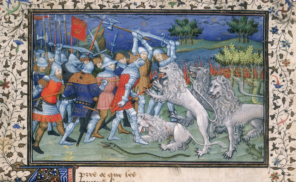 MS Royal 20 B.XX fol.50v Alessandro Magno (356-323 a.C.) combatte con leoni bianchi, da 