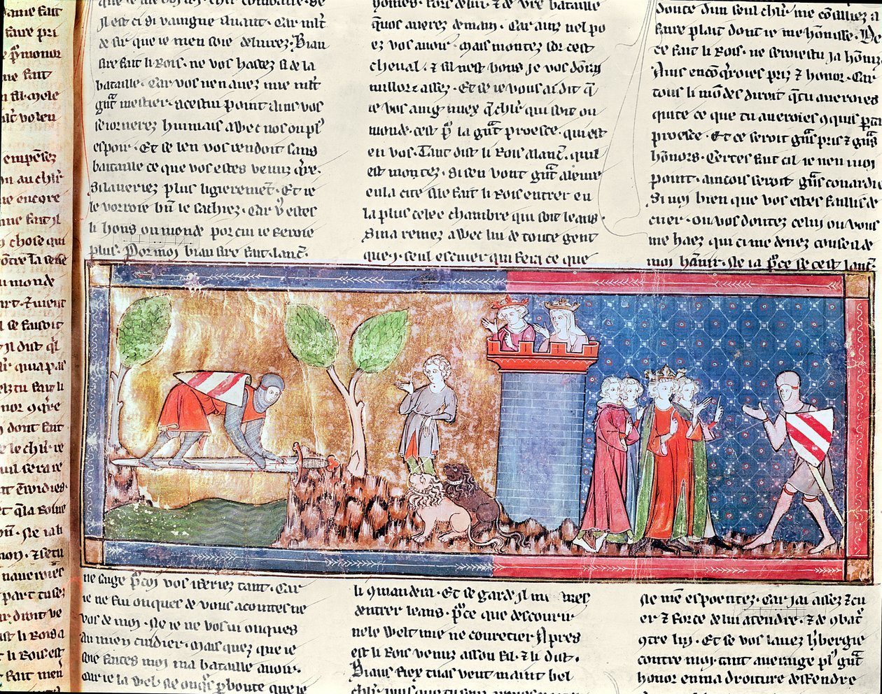 Lancillotto dimostra il suo amore per Ginevra attraversando un fiume su una spada affilata, dal Roman de Lancelot du Lac, 1344 da French School