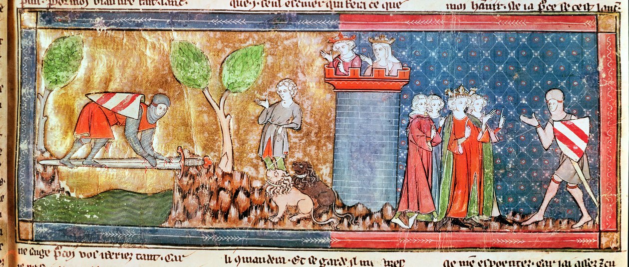 Lancillotto dimostra il suo amore per Ginevra attraversando un fiume su una spada affilata, dal Roman de Lancelot du Lac, 1344 da French School