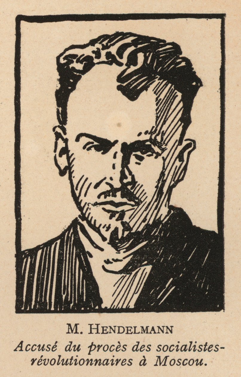 M I Gendelman, politico rivoluzionario socialista russo che fu uno degli imputati nel processo di Mosca del 1922 contro i rivoluzionari socialisti, il primo processo show sovietico (litografia) da French School