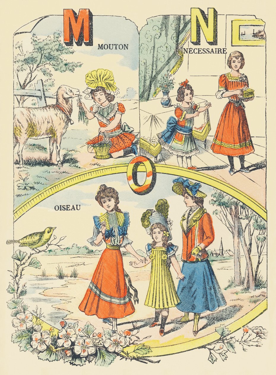 M N O: pecora, necessario, uccello da French School