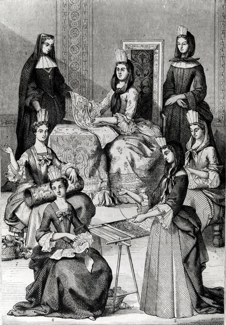 Madame de Maintenon con le sue dame di compagnia da French School