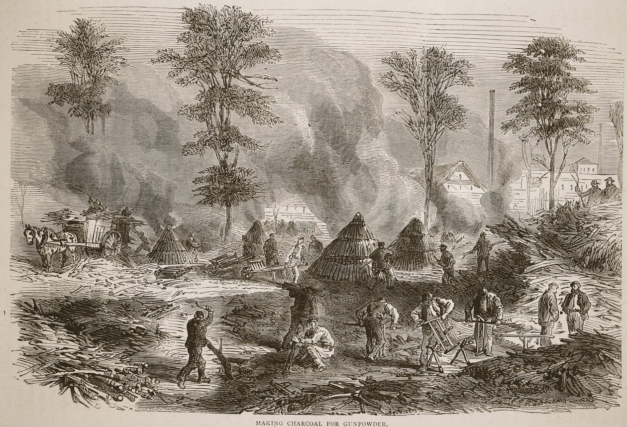 Produzione di carbone per polvere da sparo, illustrazione da Cassells History of the War between France and Germany, 1870-1871 da French School