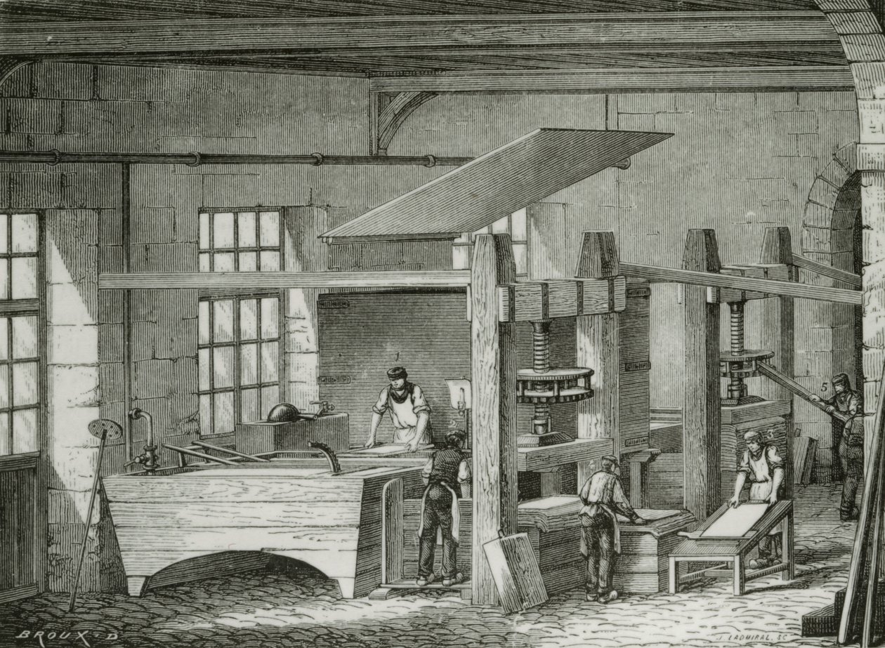 Fabbricazione della carta a mano setacciando la polpa in forme. Incisione c1870 da French School
