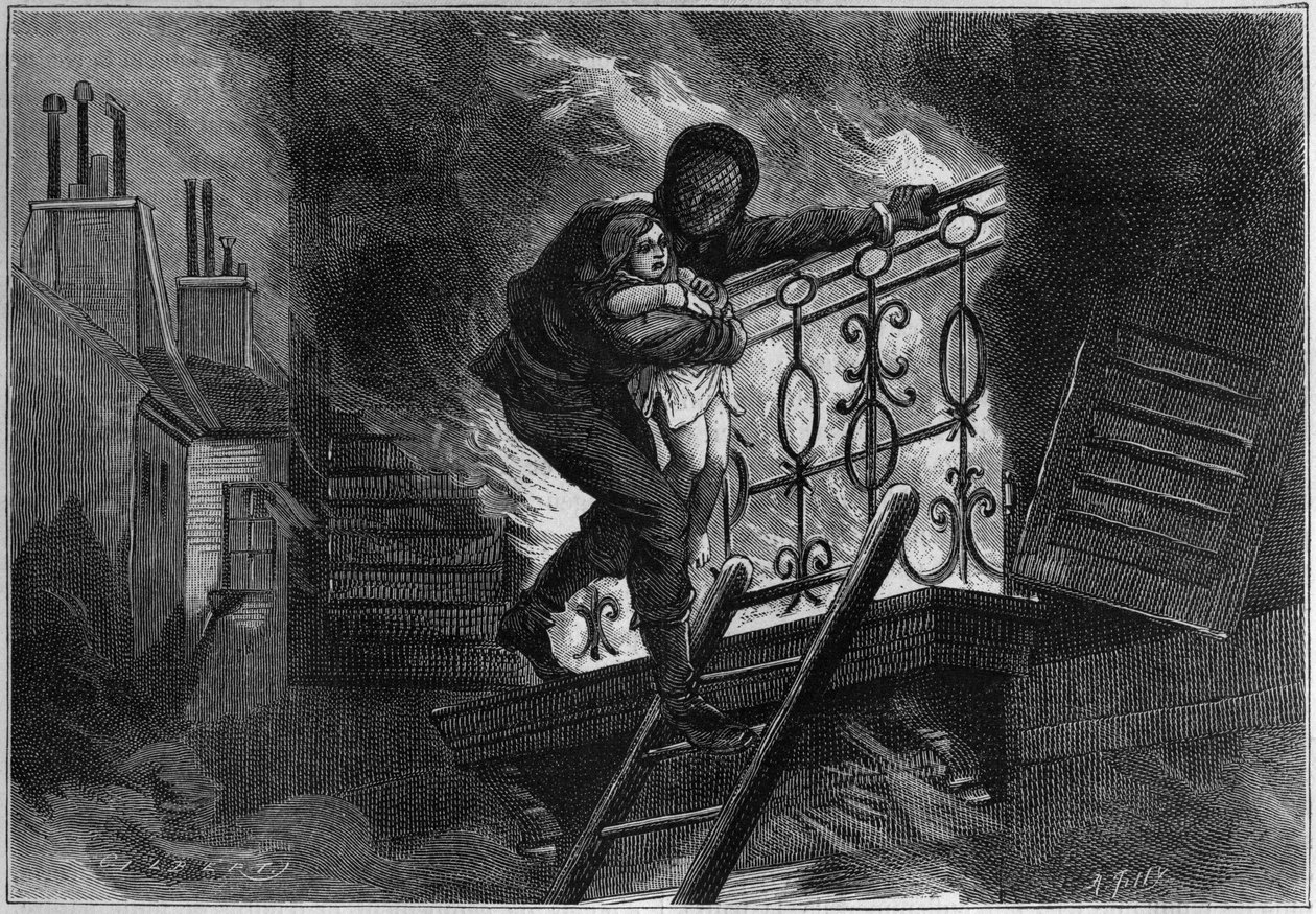 Uomo vestito con un abito incombustibile, salva un bambino da un incendio. Incisione in "La Nature. Revue des sciences et de ses applications aux arts et à l