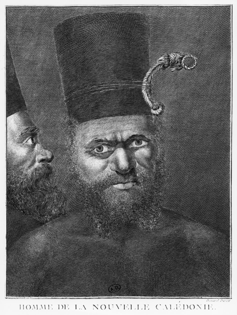 Uomo della Nuova Caledonia, illustrazione dal Secondo Viaggio del Capitano James Cook, inciso da Benard (XVIII secolo) 1774 da French School