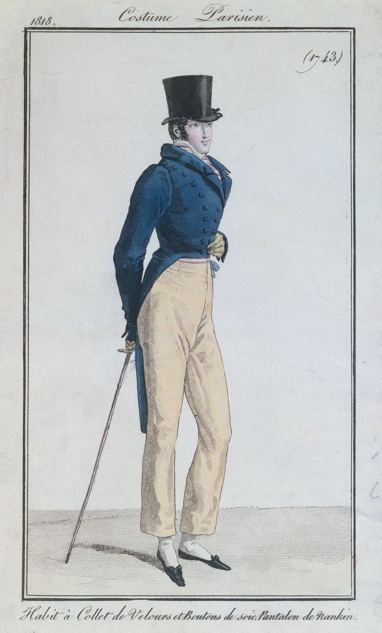 Abito da uomo con colletto di velluto, bottoni di seta e pantaloni di nanchino, 1816 da French School