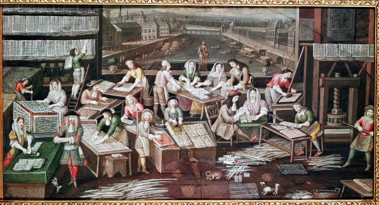 Fabbricazione di carte da gioco in una casa in Place Dauphine (disegno per un ventaglio, gouache su carta, c.1680) da French School