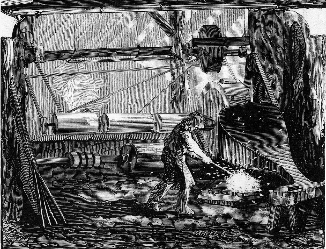Fabbricazione di cannoni per fucili: le strisce di ferro sono rosse. Incisione in "Le Monde Illustré" n.35 del 12 dicembre 1857. da French School