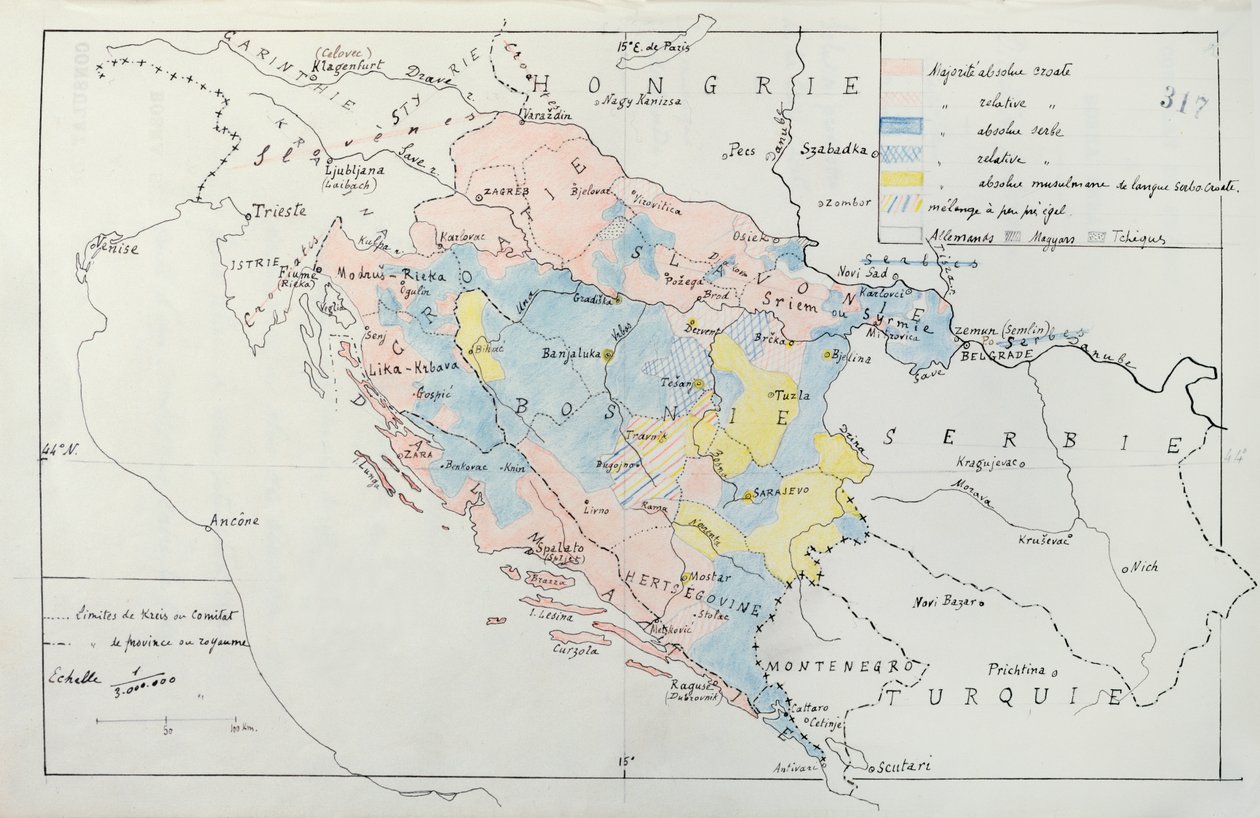 Mappa della Bosnia con dettagli delle aree occupate da gruppi etnici minoritari, 1910 da French School