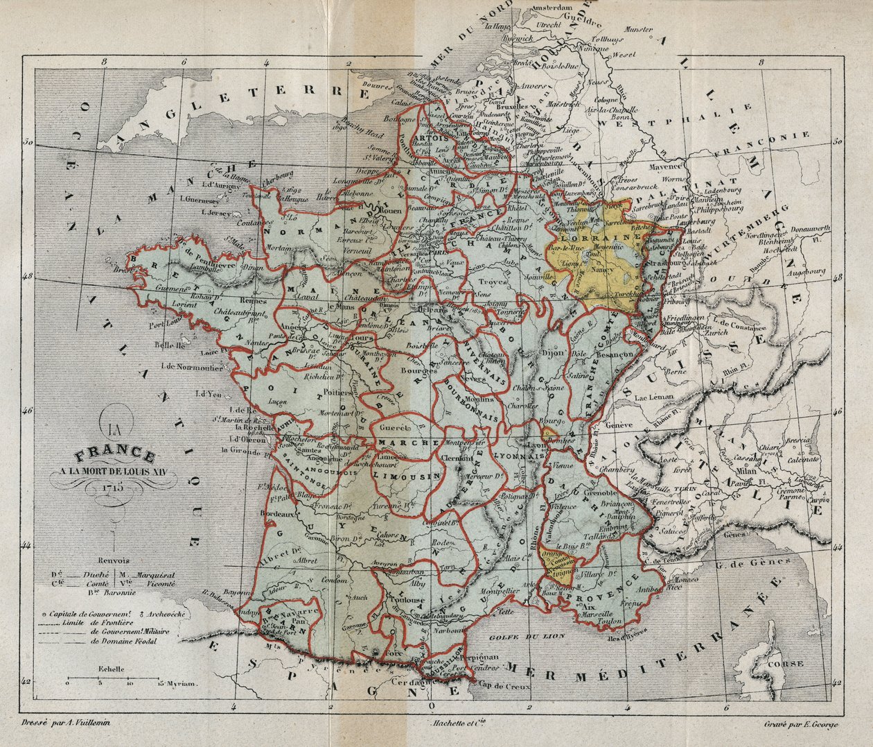 Mappa della Francia alla morte di Luigi XIV nel 1715 - incisione in "Histoire de France" di Victor Duruy - 1882 da French School