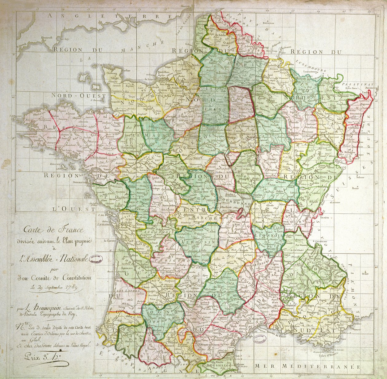Mappa della Francia che mostra i piani per dividere i dipartimenti, 1789 (litografia a colori e inchiostro) da French School
