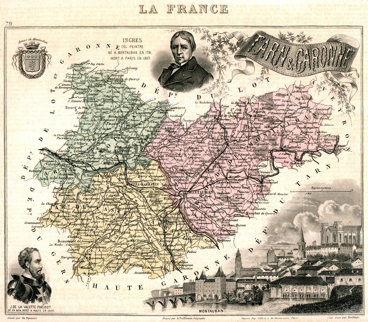 Mappa di Tarn-et-Garonne con una vista di Montauban e ritratti di Ingres e Jean Parisot de La Valette da French School