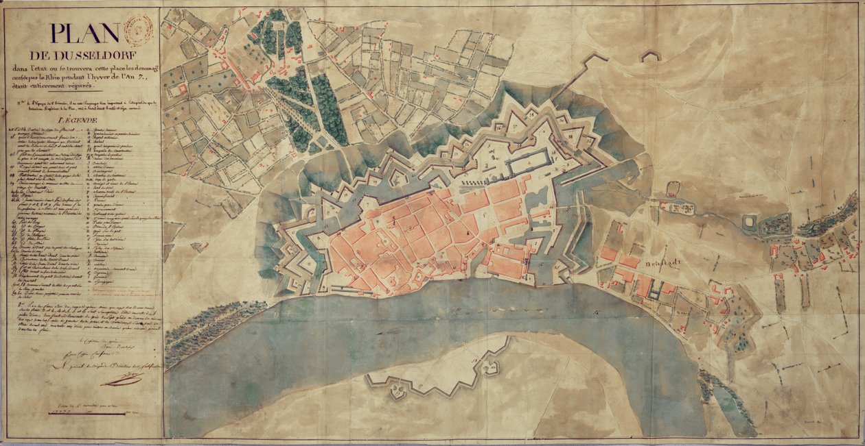 Mappa dei danni causati dal Reno, Düsseldorf, 1799 da French School