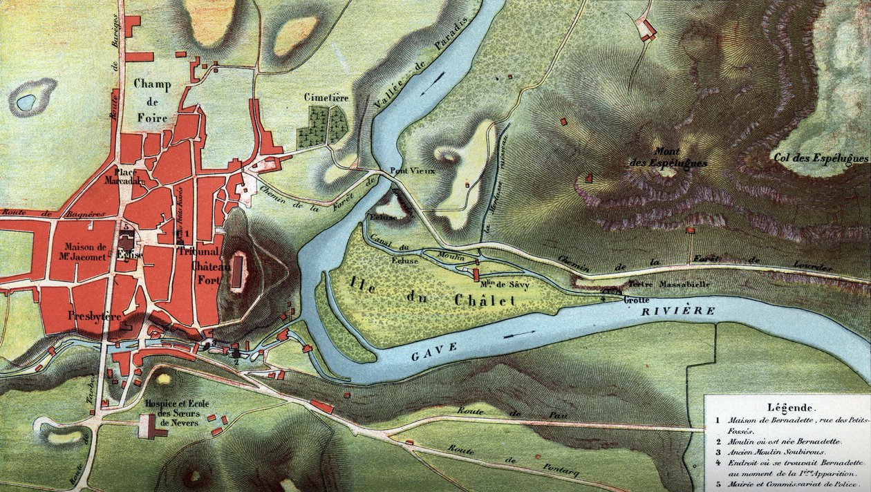 Mappa del paese di Lourdes nel 1858, anno delle visioni di Bernadette Soubirous: mostra la posizione della sua casa e della grotta. Alti Pirenei (65). Cromolitografia in 