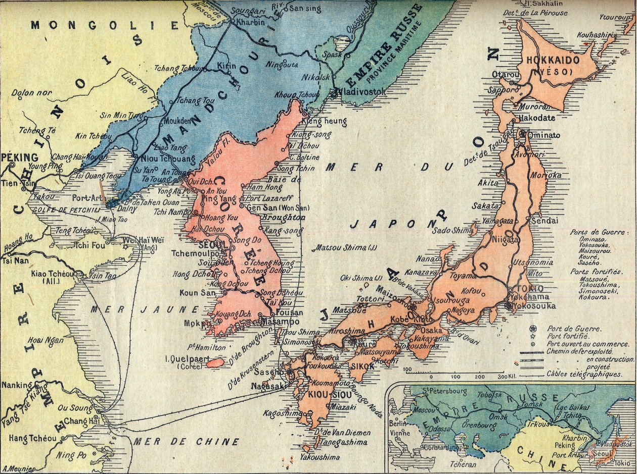 Mappa del teatro della guerra russo-giapponese. Mappa del teatro di guerra russo-giapponese (Guerra russo-giapponese) - Illustrazione per Le petit Journal, 28 febbraio 1904 da French School