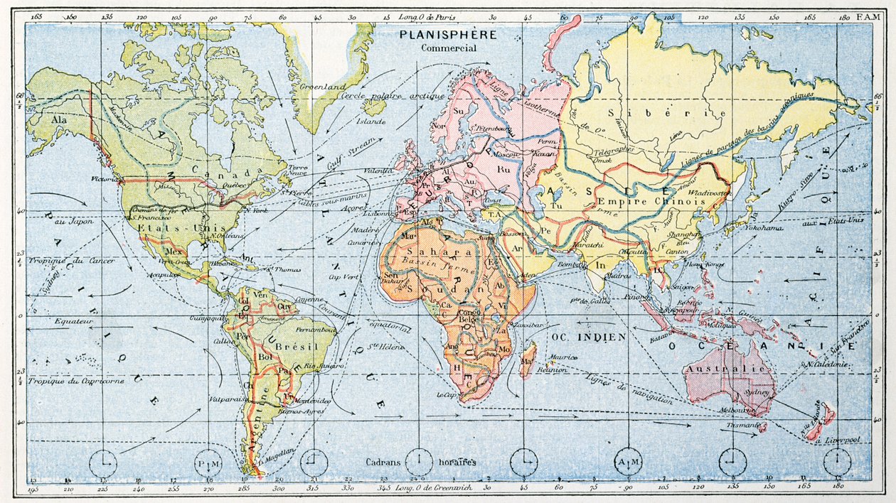 Mappa che mostra le principali rotte commerciali marittime mondiali, 1912 da French School