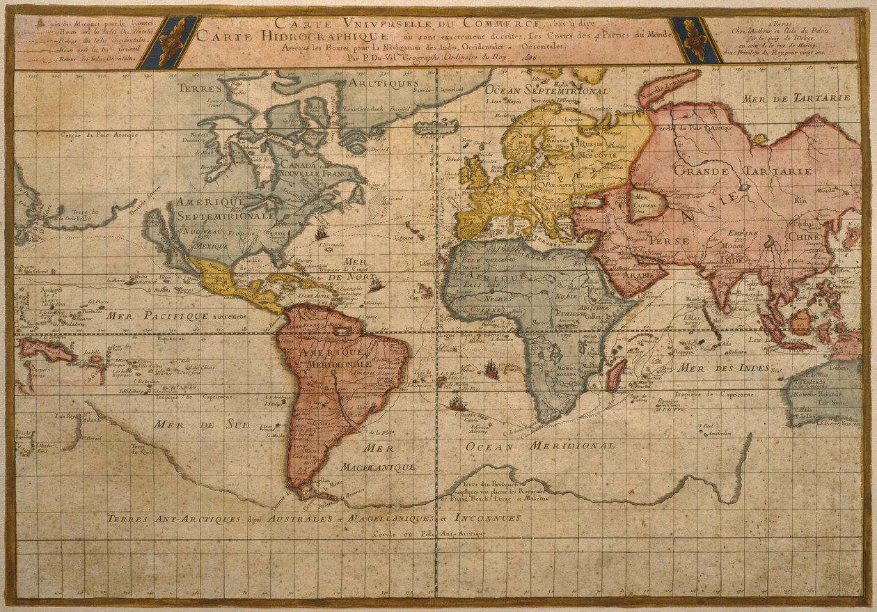 Mappa delle rotte commerciali mondiali, cartografia di Pierre Duval (1619-83) pubblicata nel 1686, Parigi da French School