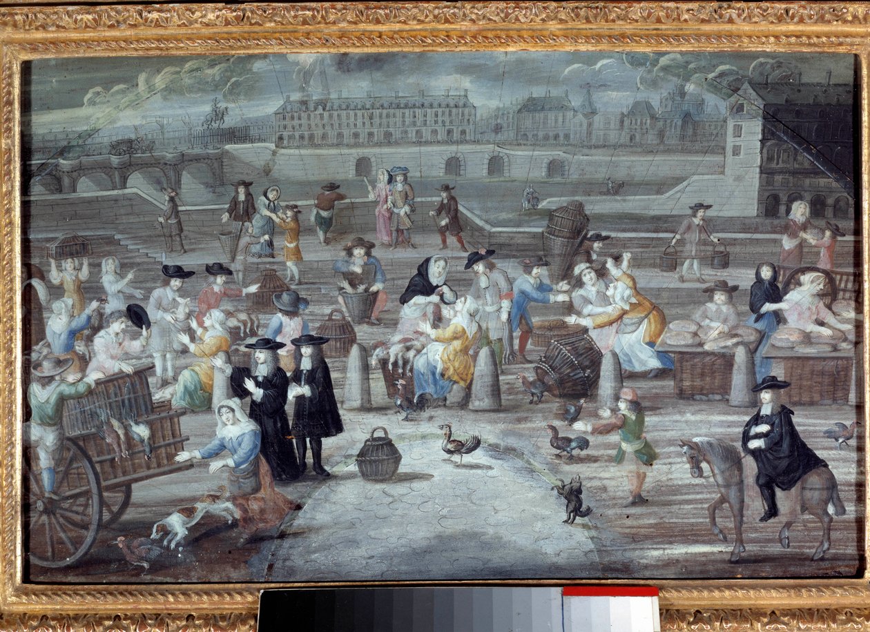 Mercato del pollame e del pane, quai des Grands Augustins a Parigi nel 1660 da French School