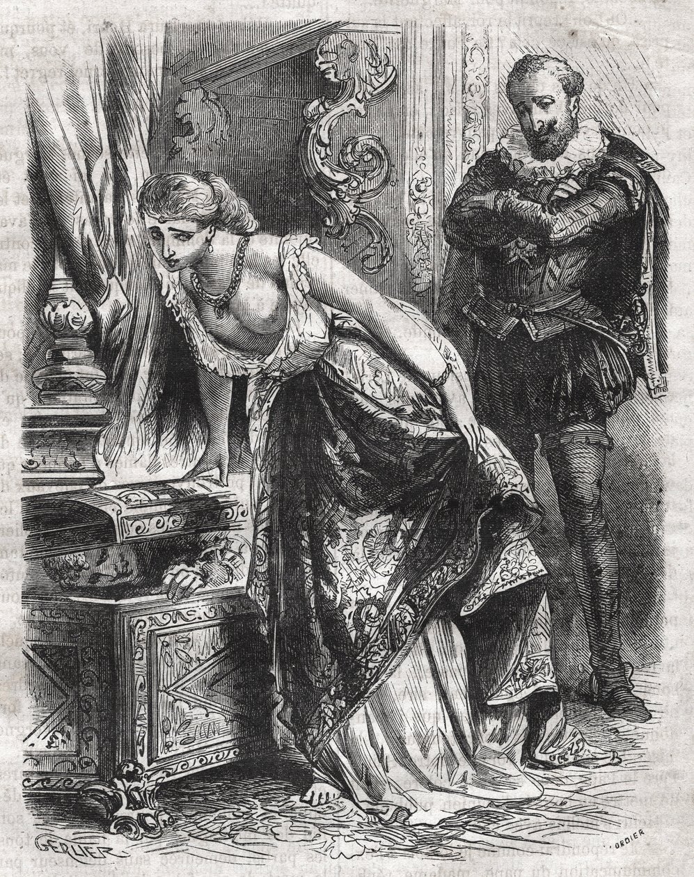 Margherita di Valois (1553-1615), conosciuta come Regina Margot, nasconde Julien de Leris, il suo amante, in una cassaforte. Suo marito, il re Enrico IV di Francia (1553-1610), osserva la scena divertito. XVI secolo. Incisione del 1871 in "Histoire Des Coc da French School