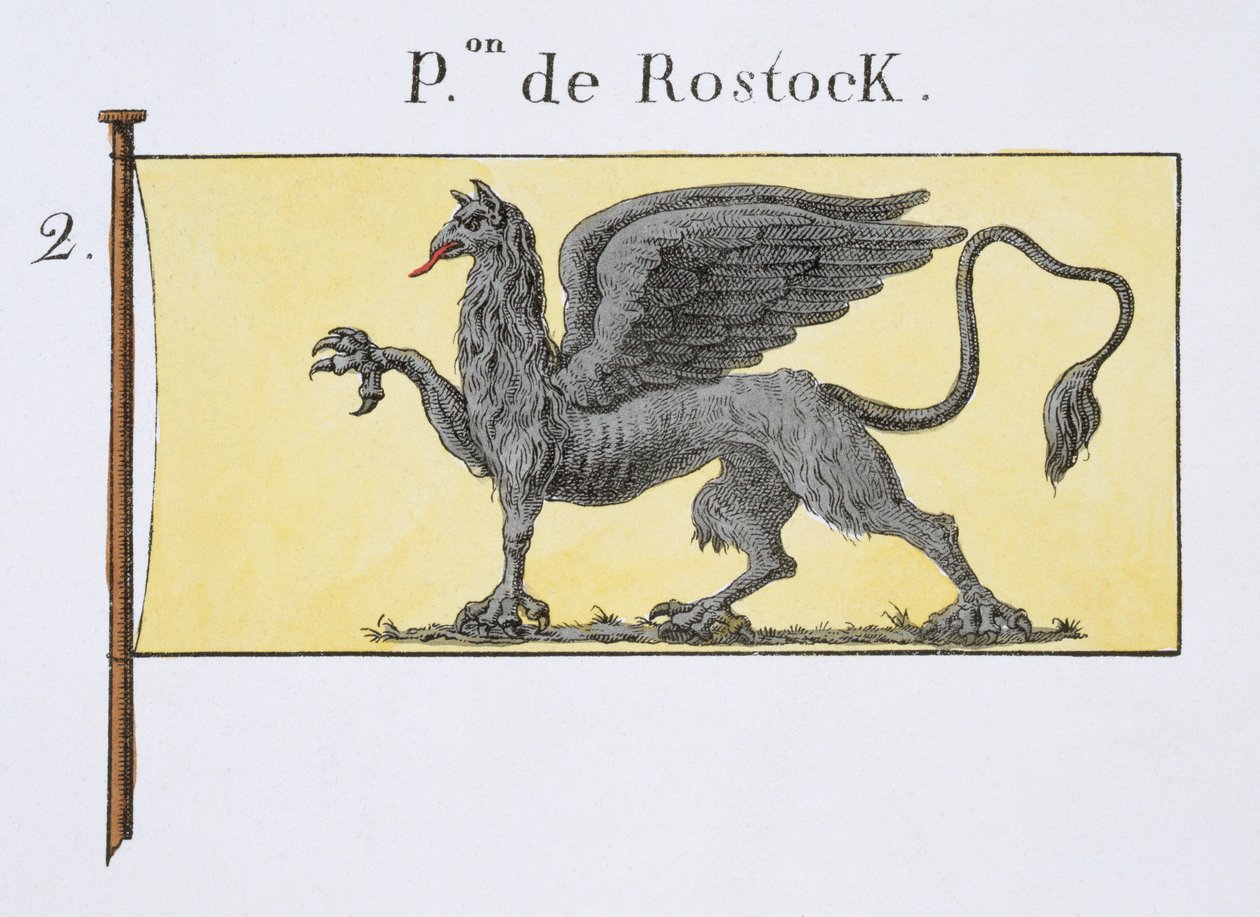 Bandiera marittima con emblema del grifone che denota lo stemma di Rostock, da un libro francese delle bandiere, c.1819 da French School