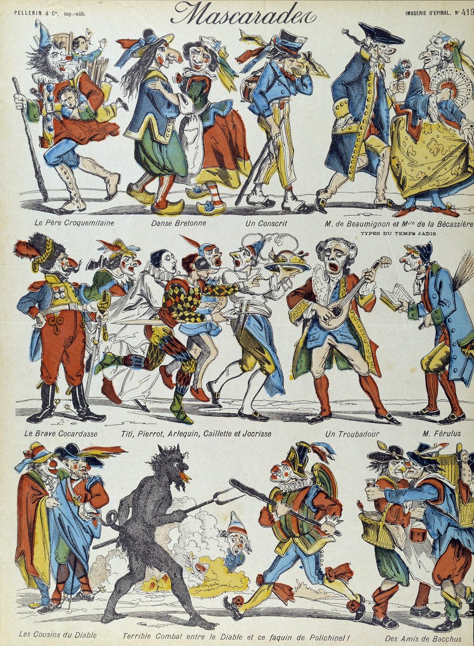 Mascherata: personaggi caricaturali mascherati - Immagine di Epinal da French School