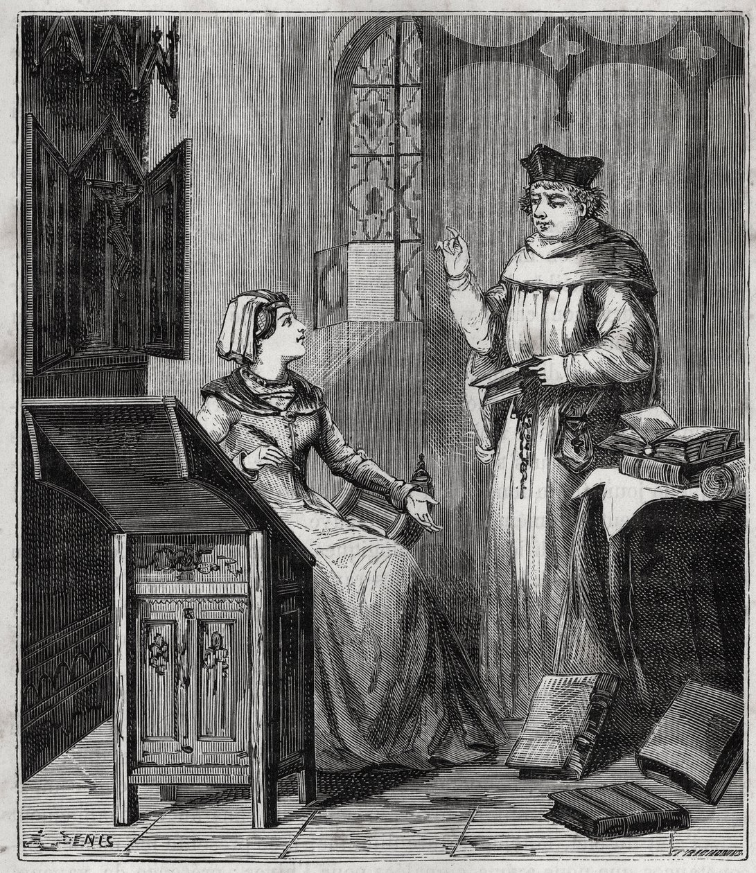 Matthieu Lansbert (Lansberg, Lansbergh, Laensberg o Laensbergh) (XV-XVI secolo) e sua nipote - Incisione in 