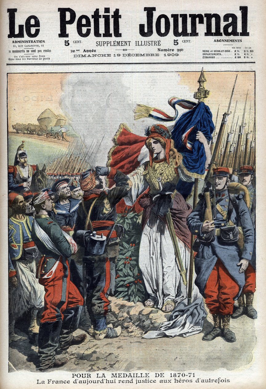 Medaglia per i veterani della guerra del 1870-1871: allegoria della Francia che rende giustizia agli eroi del passato - "Le Petit Journal" del 19 dicembre 1909 (incisione) da French School