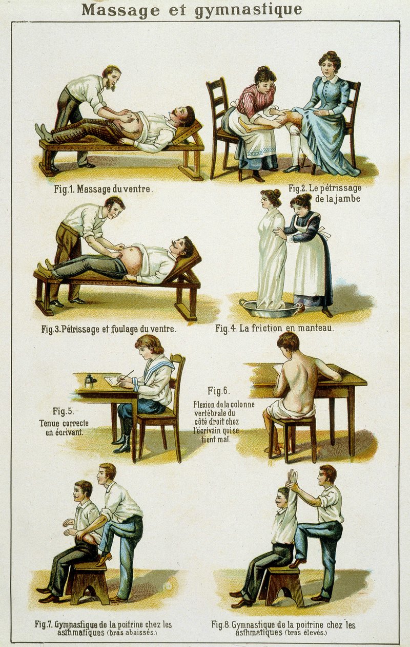 Tavola medica che illustra massaggi e ginnastica (estratti da Bilz, medicina naturale) fine XIX secolo da French School