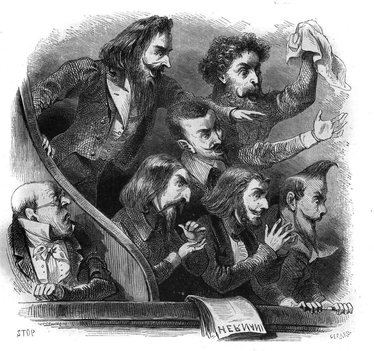 Membri del movimento letterario romantico che assistono alla prima rappresentazione del dramma di Victor Hugo "Hernani" (1802-1885) alla Comédie-Française di Parigi, 25 febbraio da French School
