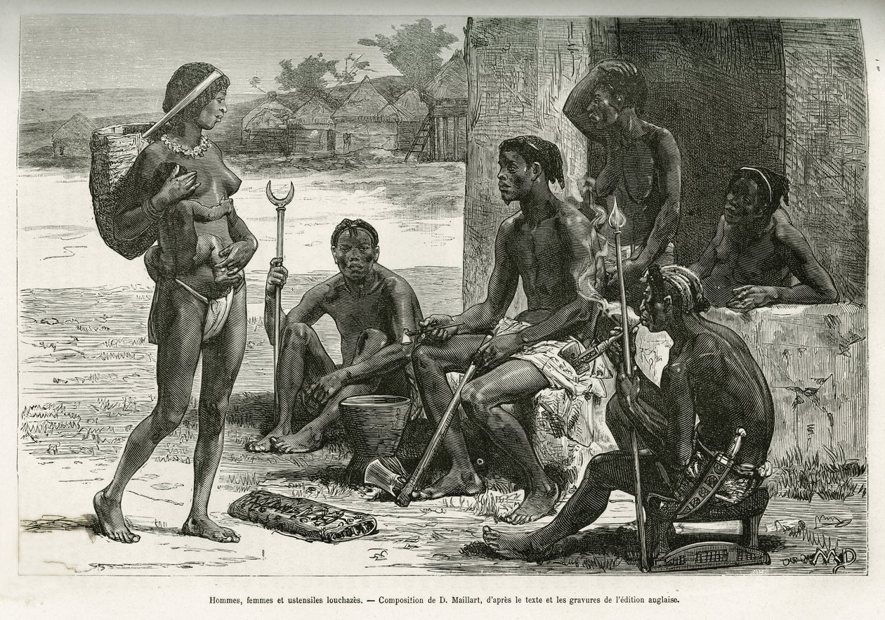 Uomini, donne e utensili (regione Bihe, Ruanda). Incisione di D. Maillart, per illustrare la storia di come ho attraversato l