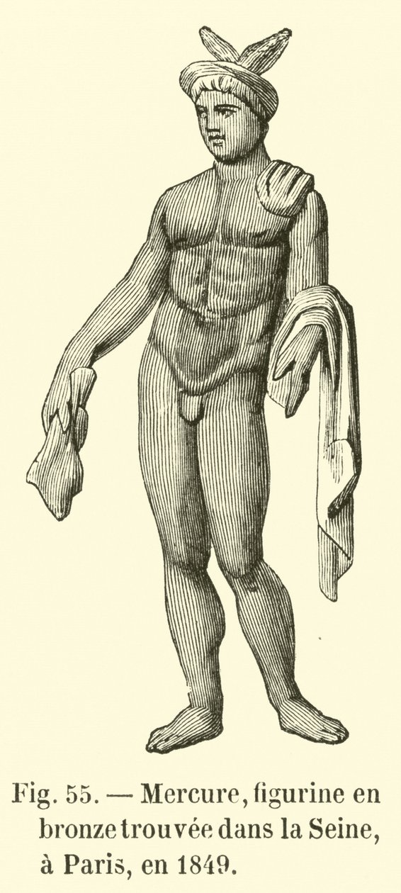 Mercurio, statuetta di bronzo trovata nella Senna a Parigi nel 1849 (incisione) da French School