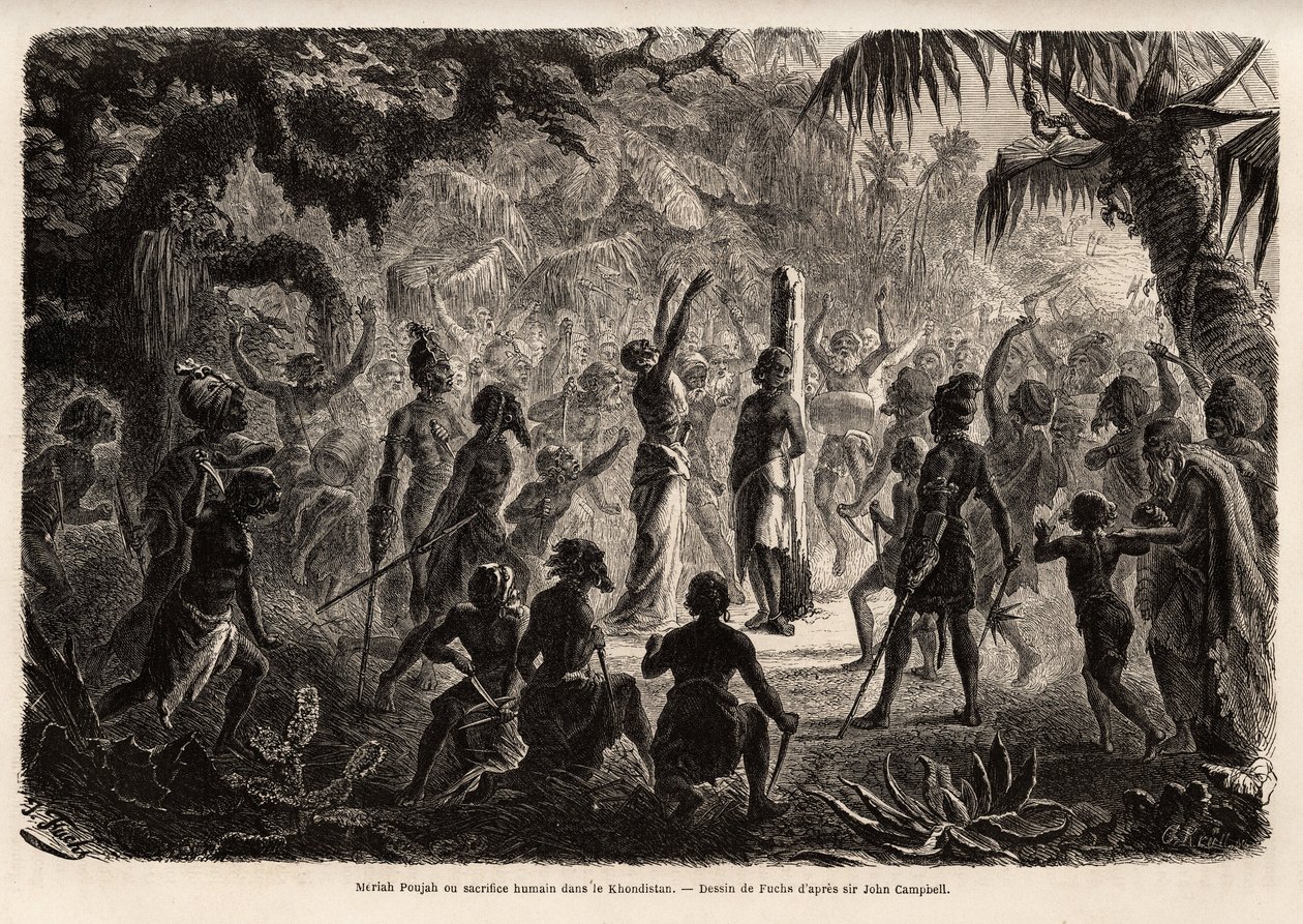Meriah Pujah o sacrificio umano, Khondistan (Indie inglesi). Disegno di Fuchs, per illustrare lo studio di Major John Campbell sui sacrifici umani nelle Indie inglesi. da French School