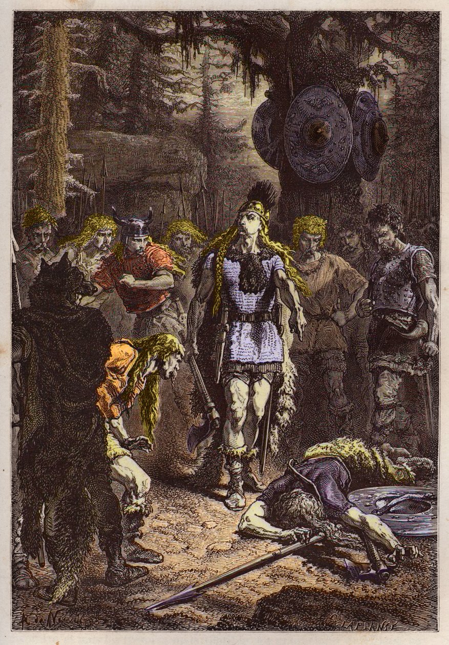 Merovingi: Clodoveo I che abbatte il soldato che aveva rotto il vaso di Soissons, nel 486 - Clodoveo (465-511) e il guerriero franco che ruppe il Vaso di Soissons nel 486 - incisione da 