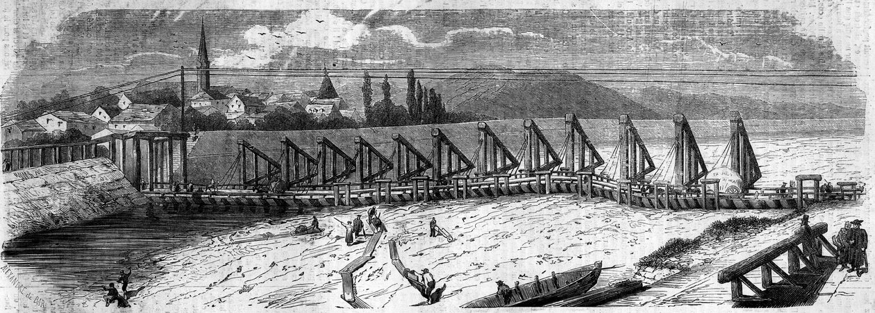 Fenomeno meteorologico: disseccamento del Reno nel 1858. Vista del ponte di Kehl (Germania), presa dalla costa francese. Incisione in 