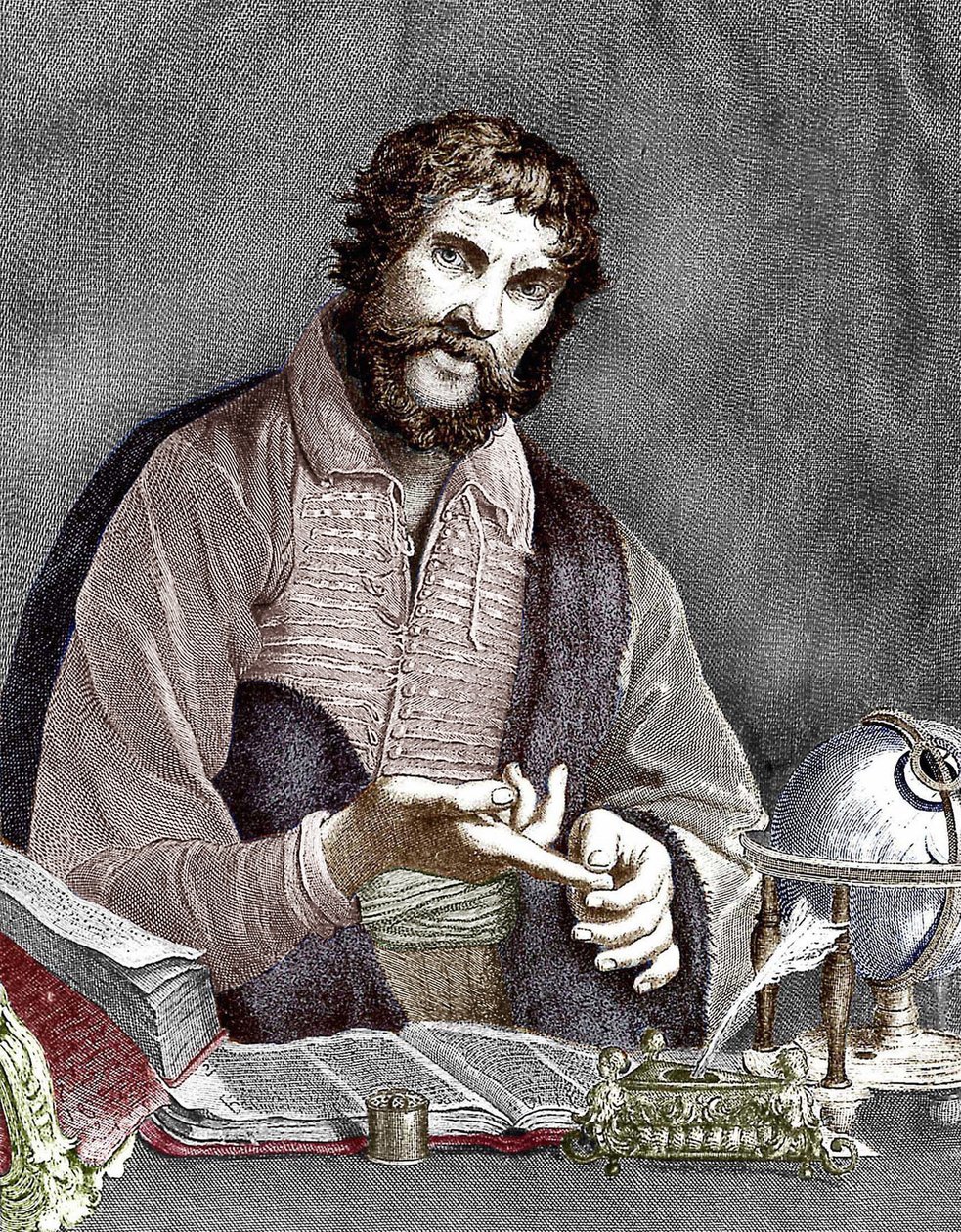 Michel de Nostredame, aka Nostradamus (1503-1566) astrologo e medico francese, incisione, documento colorato da French School