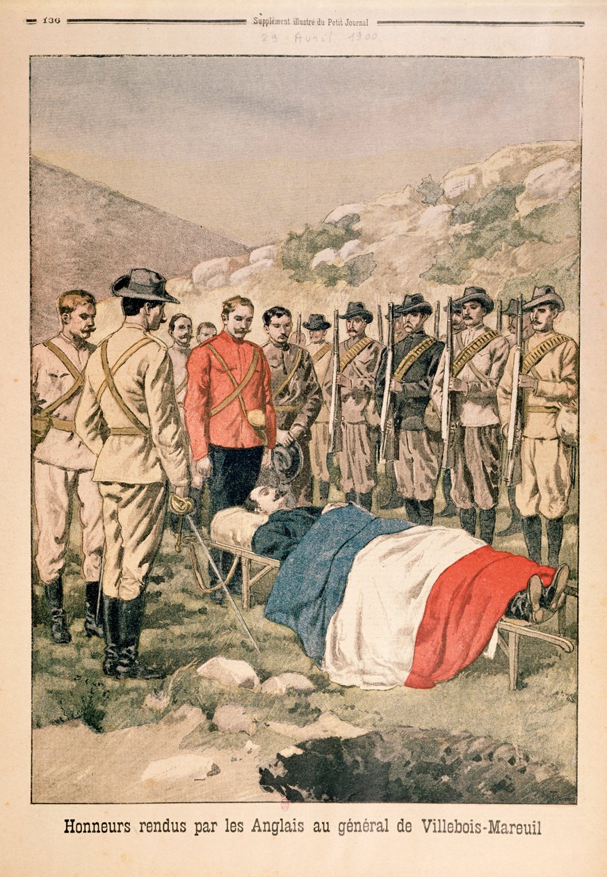 Onori militari resi al Generale Georges de Villebois-Mareuil (1847-1900) dai britannici al cimitero di Boshof, illustrazione da Le Petit Journal, 29 aprile 1900 da French School