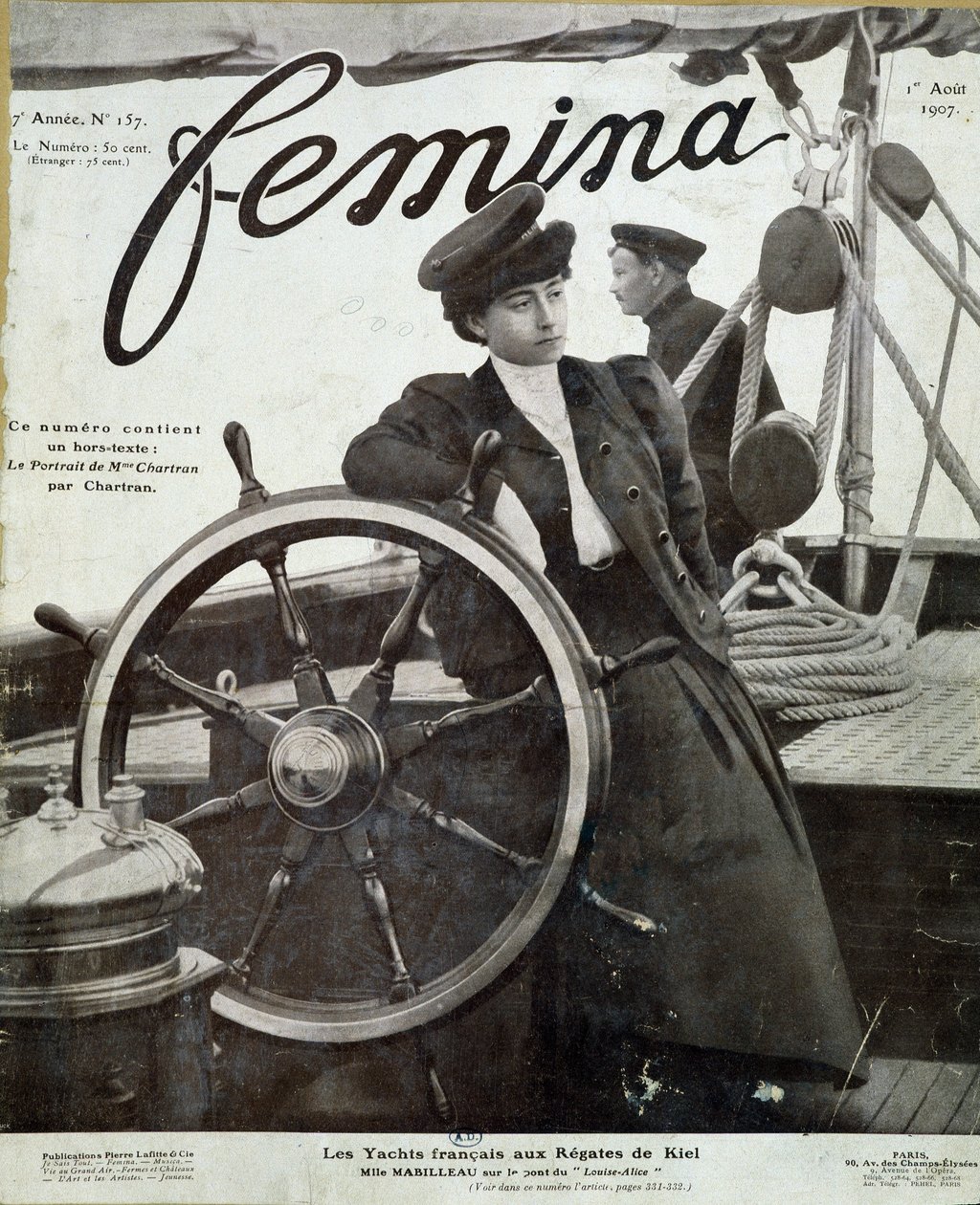 Miss Mabilleau sul ponte dello yacht "Louise-Alice" alla regata di Kiel - in "Femina" del 01/08/1907 da French School
