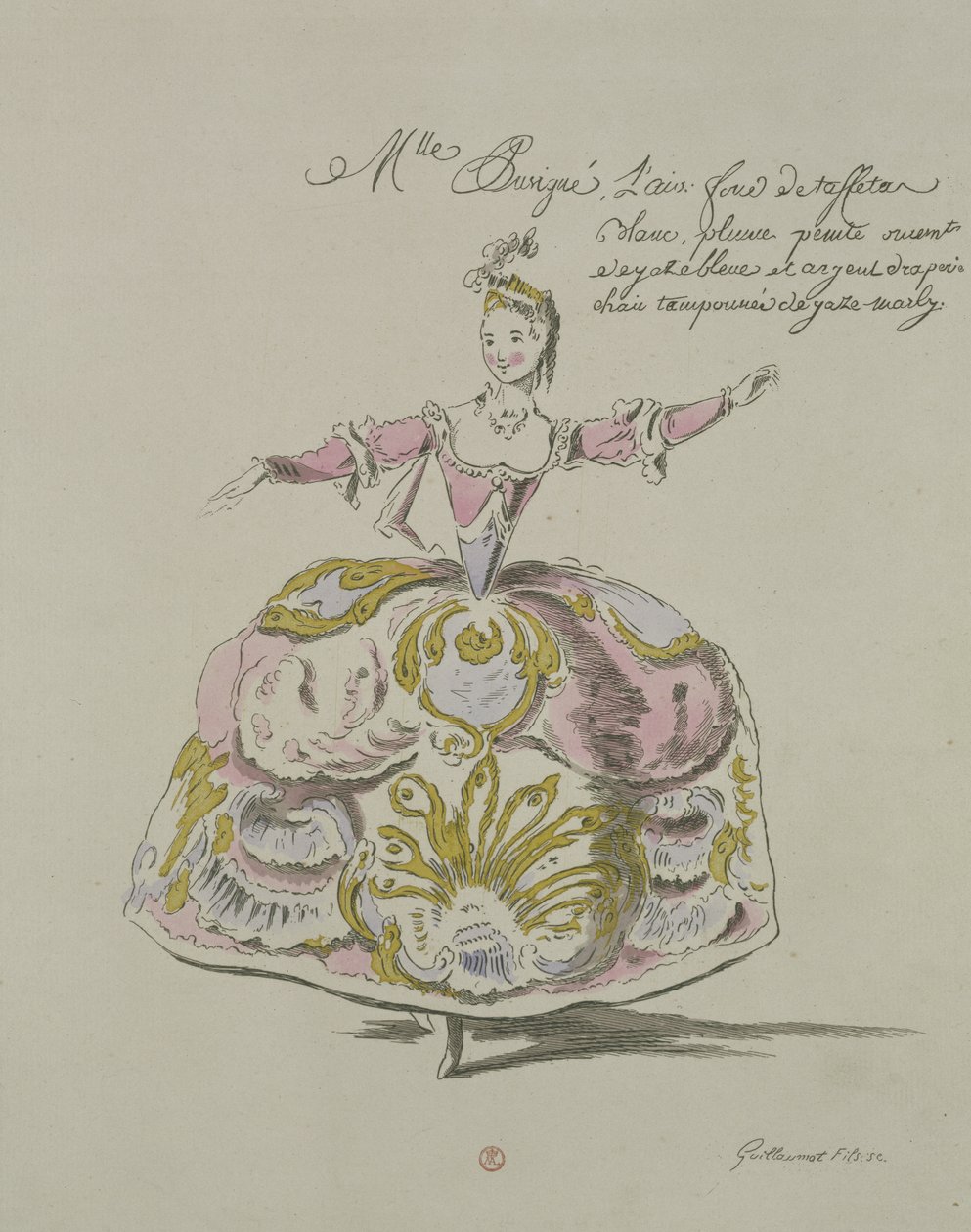Miss Puvigne come Aria, in Zoroastre, un libretto di Cahusac, composto da Jean-Philippe Rameau, facsimile di A. Guillaumot Fils, 1749 (incisione a colori) da French School