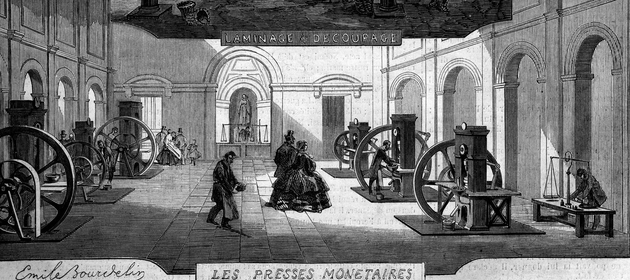 Produzione di denaro: officina per le presse monetarie. Incisione in 