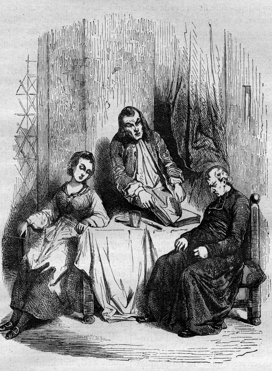 Monsieur De Breteuil, intendente del Limousin, controlla i registri parrocchiali tenuti da Dubois, parroco e futuro cardinale. Incisione da 