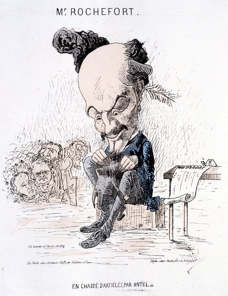 Monsieur Rochefort in cerca di articoli di Untel. Caricatura su Rochefort e la Comune da French School