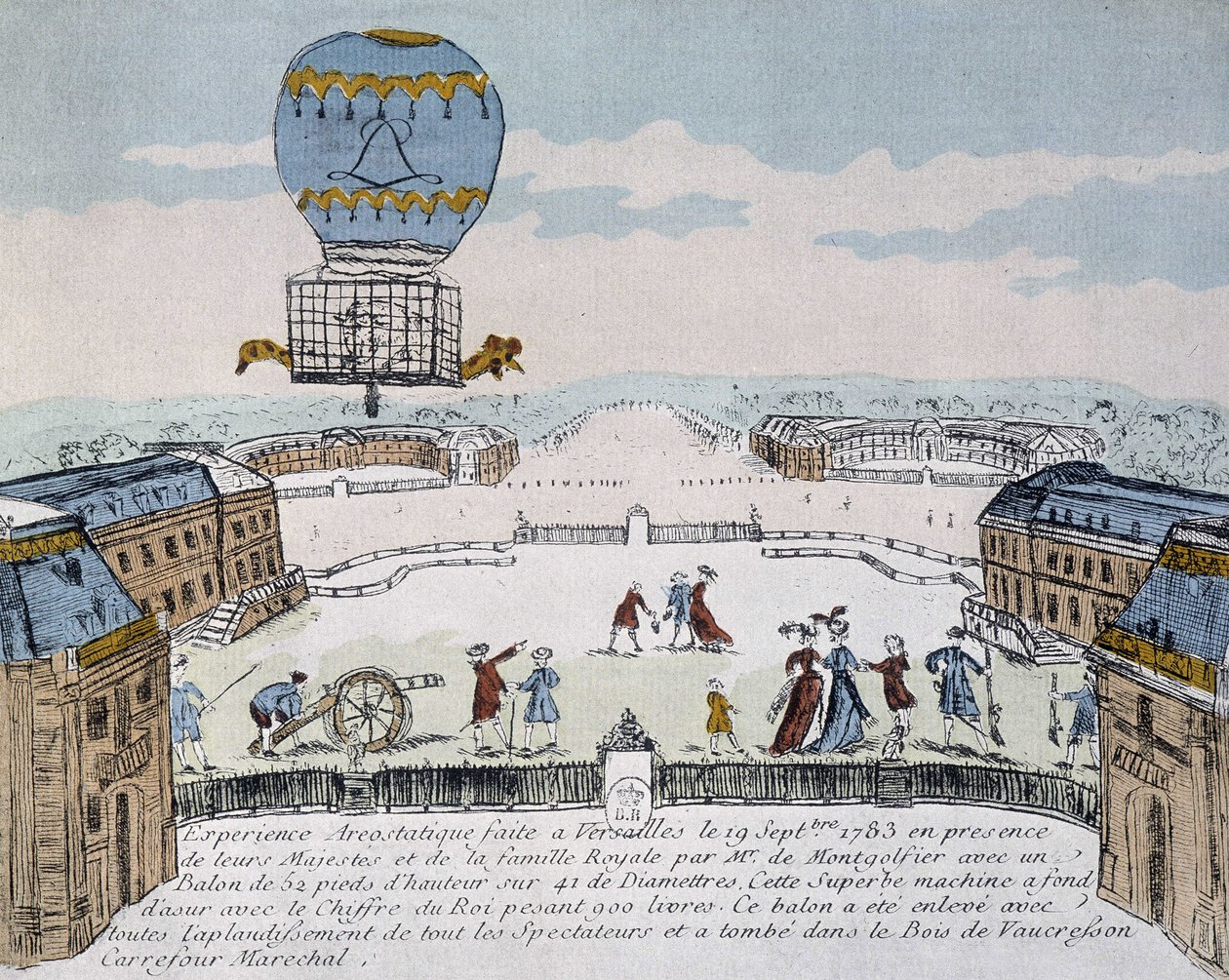 Primo volo di un aerostato abitato da animali dei fratelli Montgolfier organizzato a Versailles, 19 settembre da French School