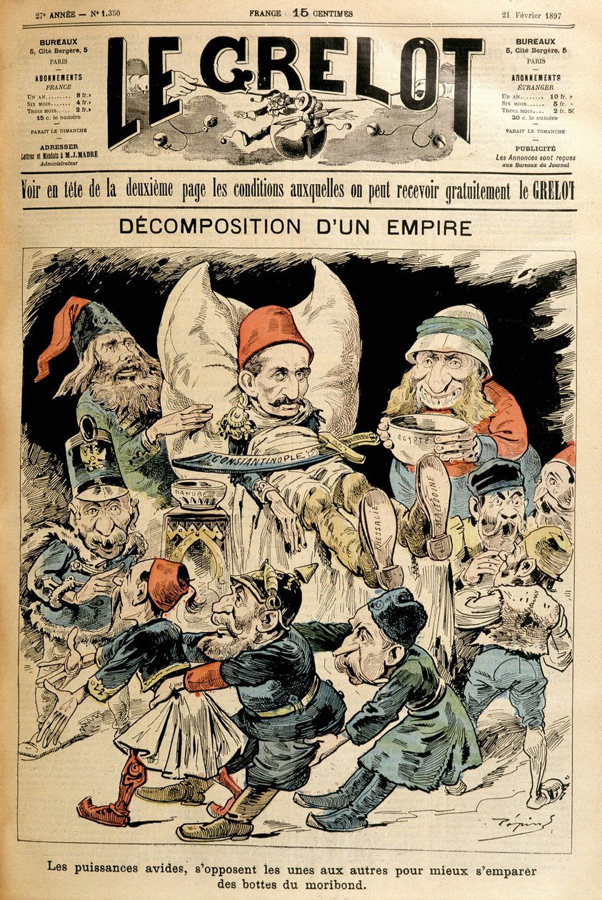 Tacchino moribondo e potenze straniere che lottano per i suoi stivali, copertina "Le Grelot" 21/2/1897 da French School