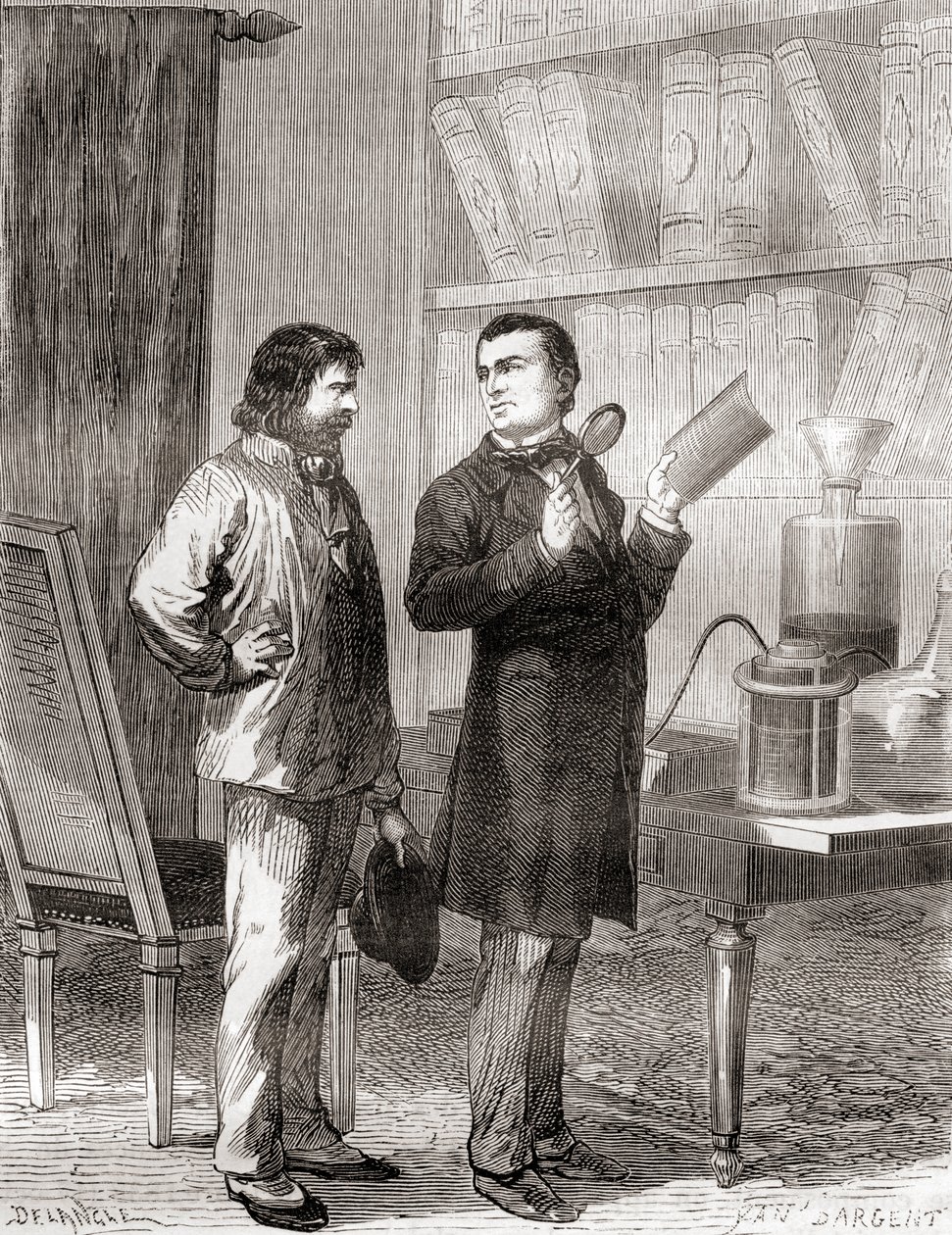 Moritz von Jacobi, a destra, scopre la galvanoplastica o elettrotipia nel 1838, da Les Merveilles de la Science, pubblicato c.1870 (incisione) da French School