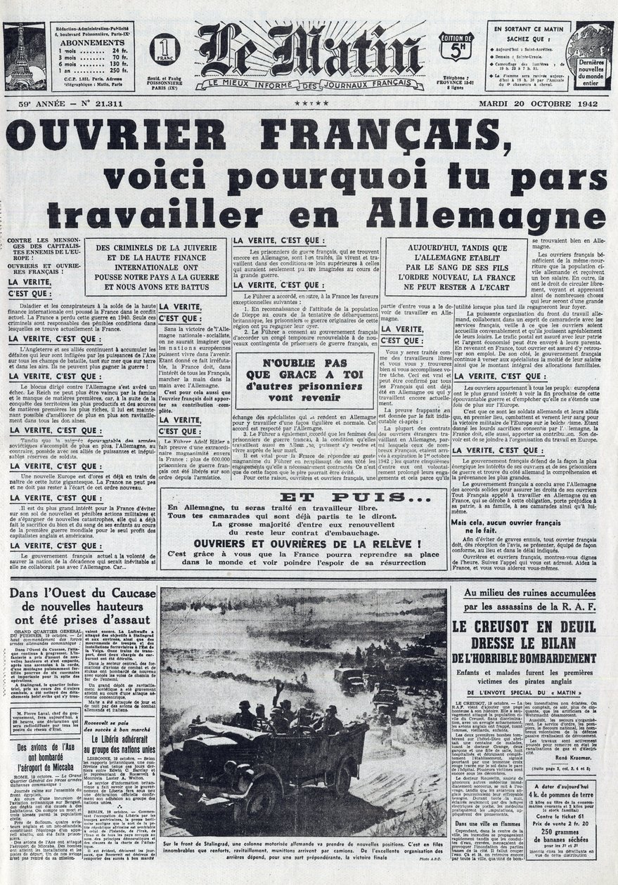 Morning Journal No. 21311 del 20 ottobre 1942: Il servizio di lavoro obbligatorio - Perché andare a lavorare in Germania da French School
