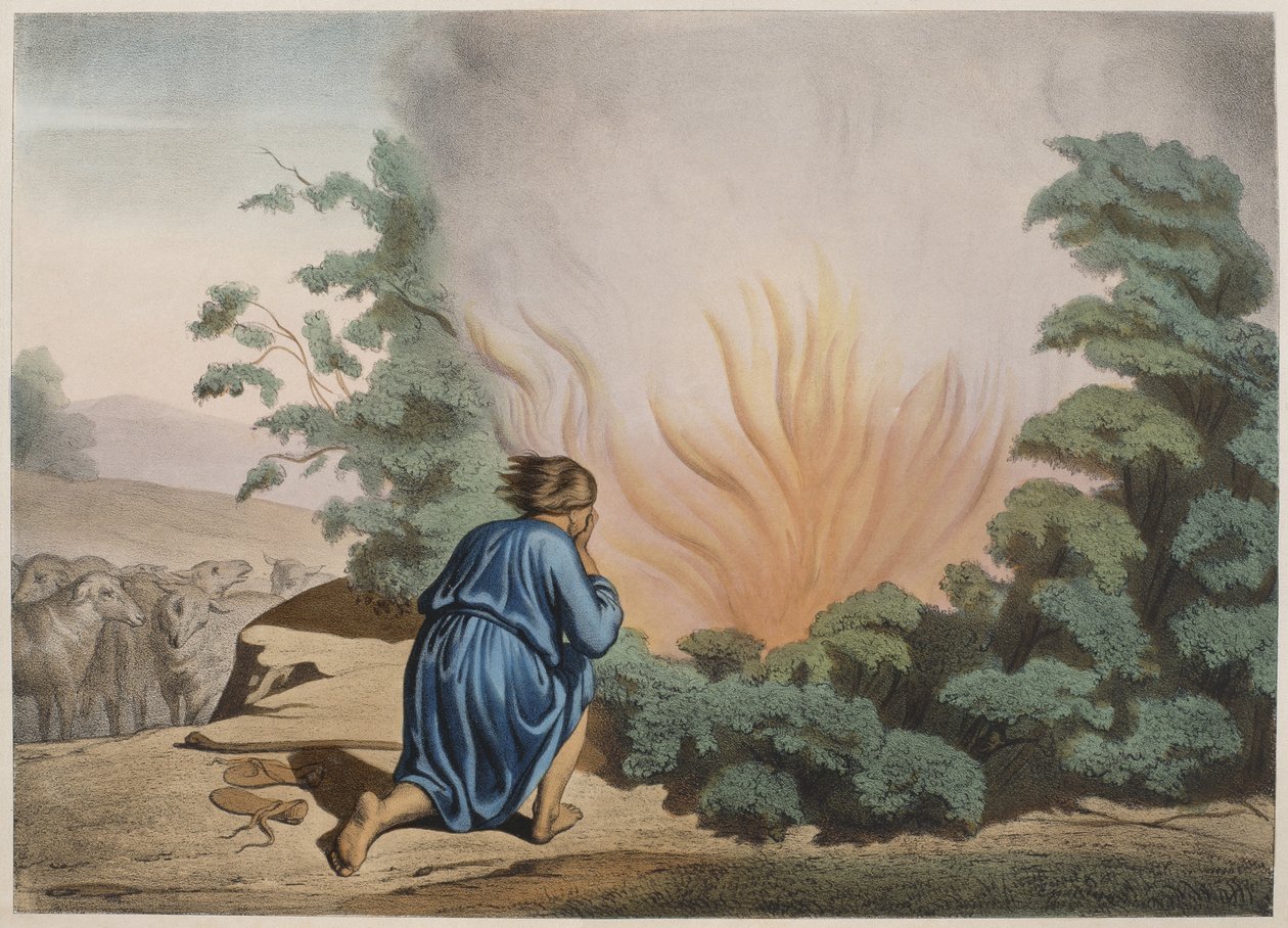 Mosè e il Roveto Ardente, illustrazione da un catechismo L
