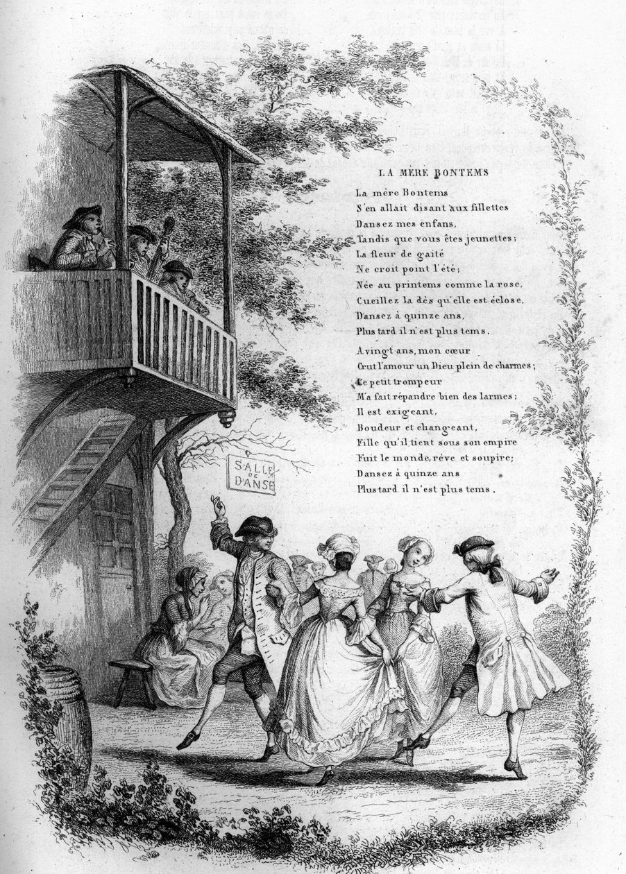 Madre Bontems (Bontemps). Danza di giovani coppie in un villaggio con musicisti sul balcone. Incisione in "Chants et chansons populaire de la France", Tome 2 da French School