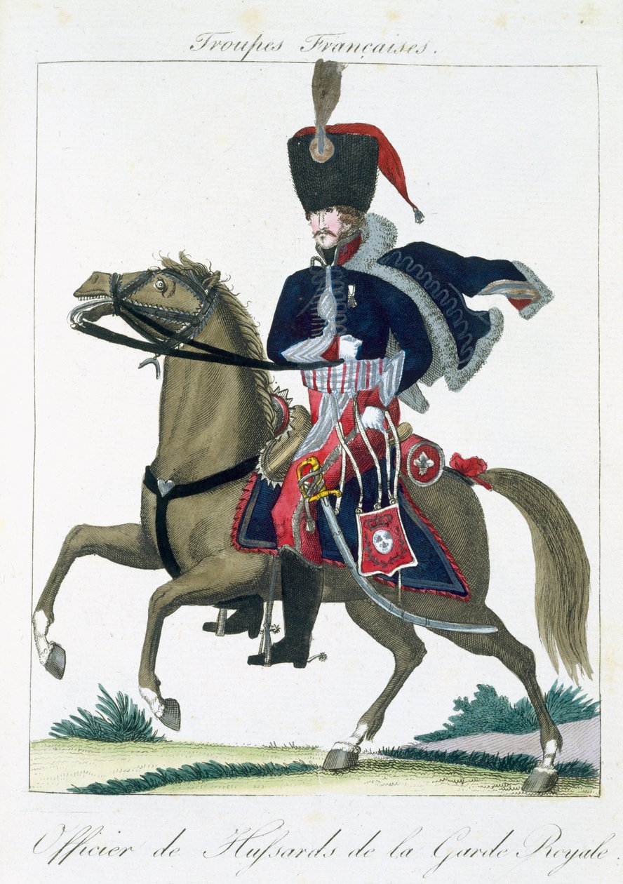 Ufficiale a cavallo degli Ussari della Guardia Reale, da Troupes Francaises, pub. chez Basset, Parigi, c.1790 da French School