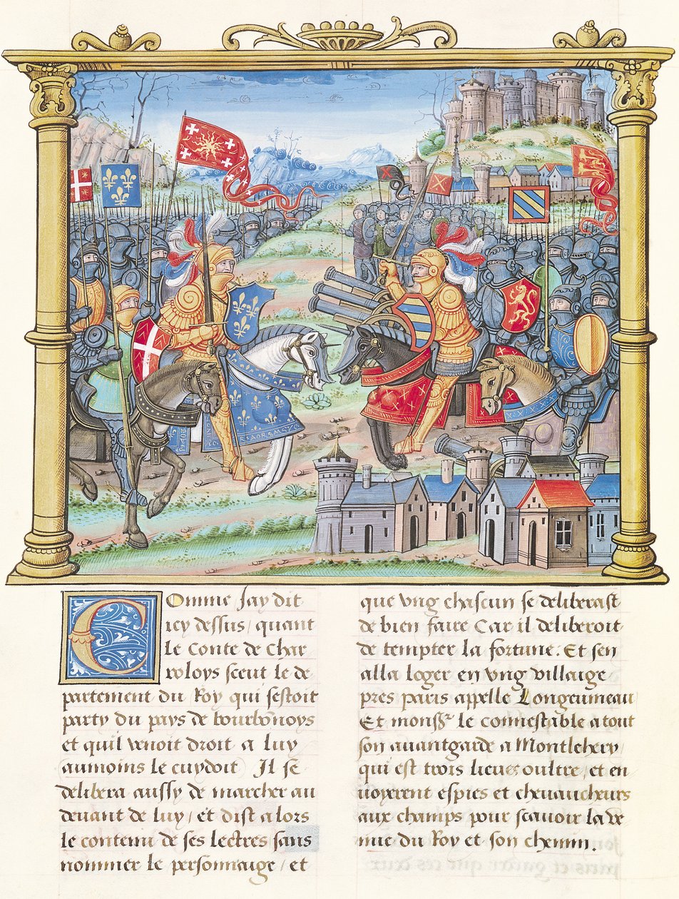Ms.18 f.7v Battaglia di Montlhery durante la Guerra della Lega del Bene Pubblico, 14 luglio 1465, dalle Memorie di Philippe di Commines (1445-1509) da French School